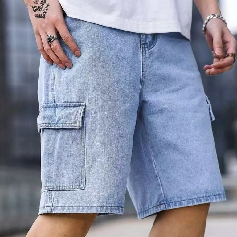Bermuda Cargo Jeans masculina Com Elástico Grande 6 Bolsos