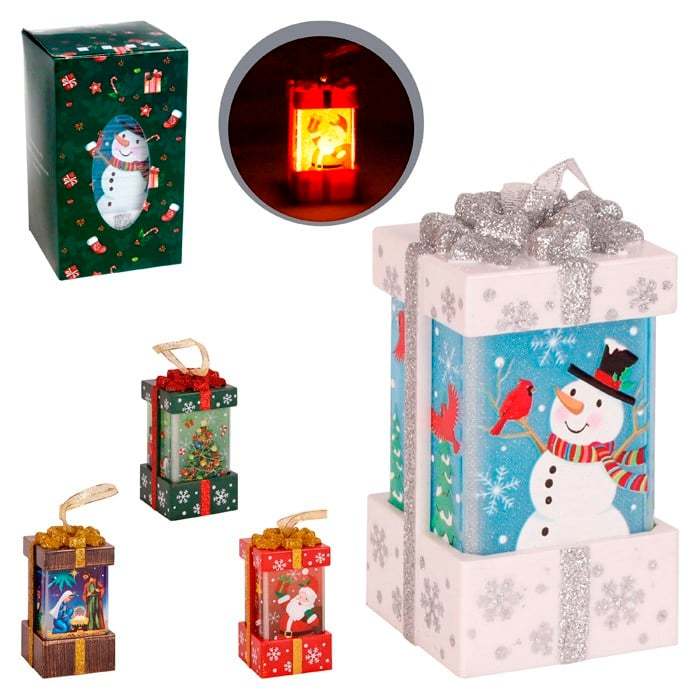 Luminária Caixa de Presente Natalina LED 10cm c/ Glitter - Boneco de Neve Neve - Enfeite de Natal