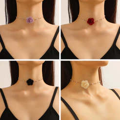Colar Choker Feminino Flor Rosa Pérolas Delicado Gargantilha Ajustável Moda Verão Presente Romântico