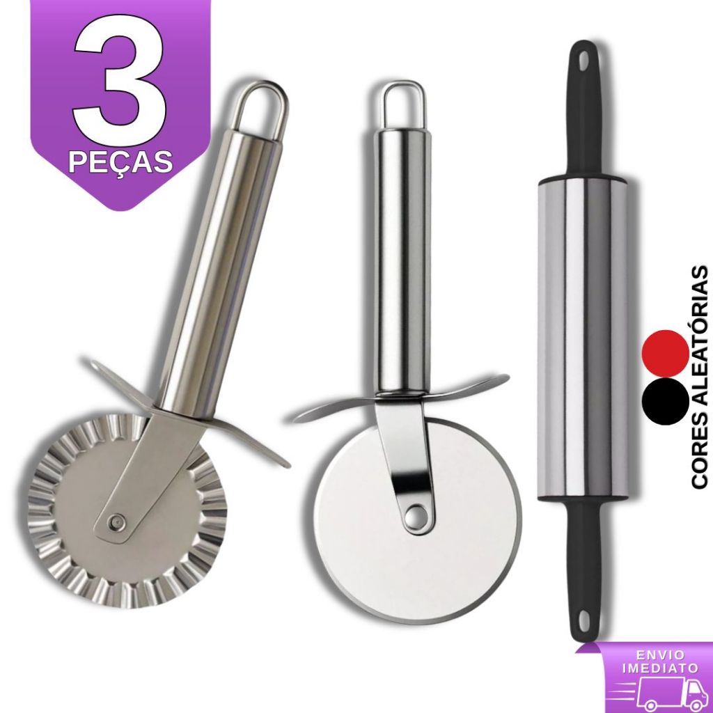 Kit 3 Peças Carretilha Cortador De Massa Carretilha Cortador De Pastel e Pizza, Rolo de Massa Inox