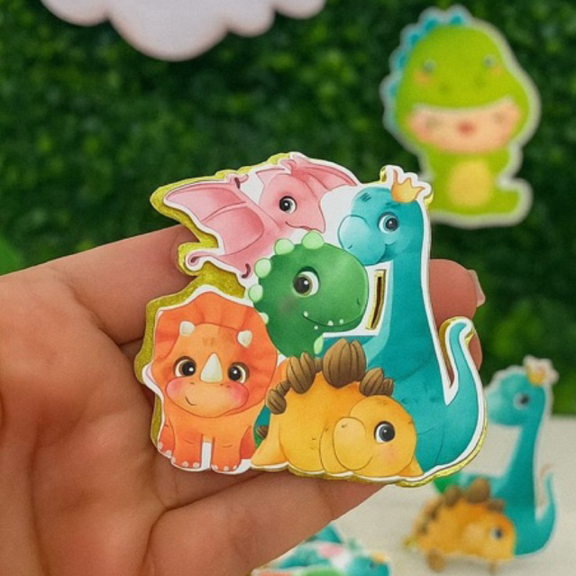 Apliques 3D Dinossauros Tag Personalizado Fundo Dourado Festa Lembracinhas Aniversário