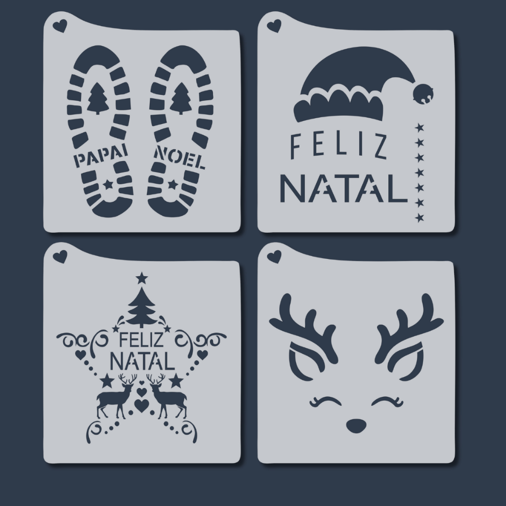Kit 4 Stencil Natal para Pintura Molde Artesanato Natalino para Tecidos, Confeitaria, Pano de Prato