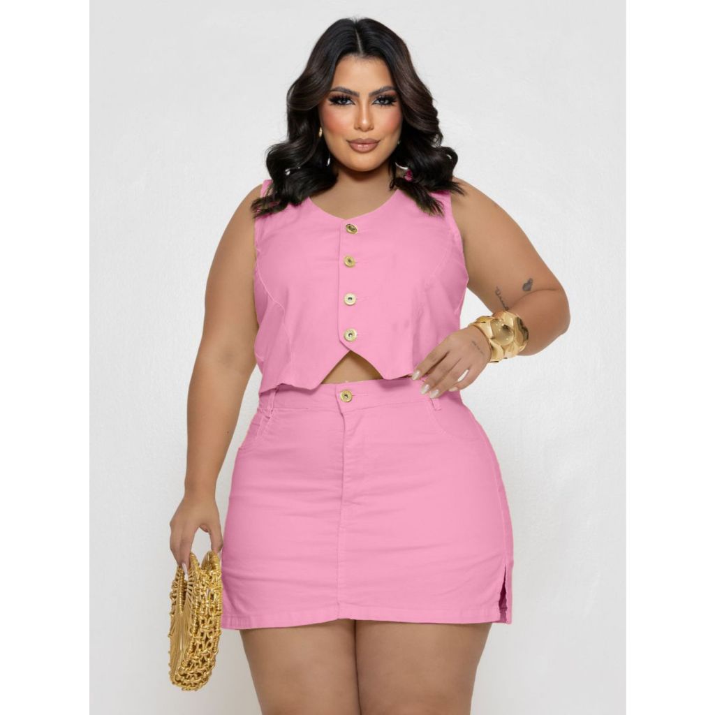 Conjunto Jeans Plus Size Saia Short com Colete Várias Cores em Oferta na Shopee