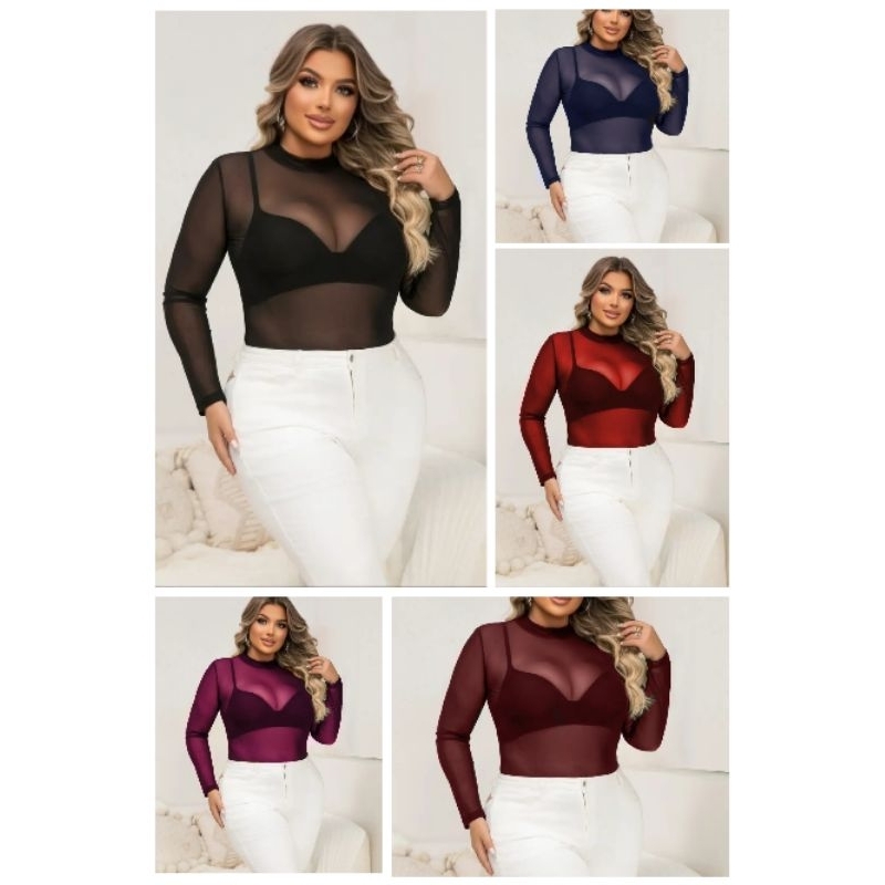 Body Tule Liso Transparente – Manga Longa | Várias Cores | Elegante & Confortável | Tam. PP ao M 34-38