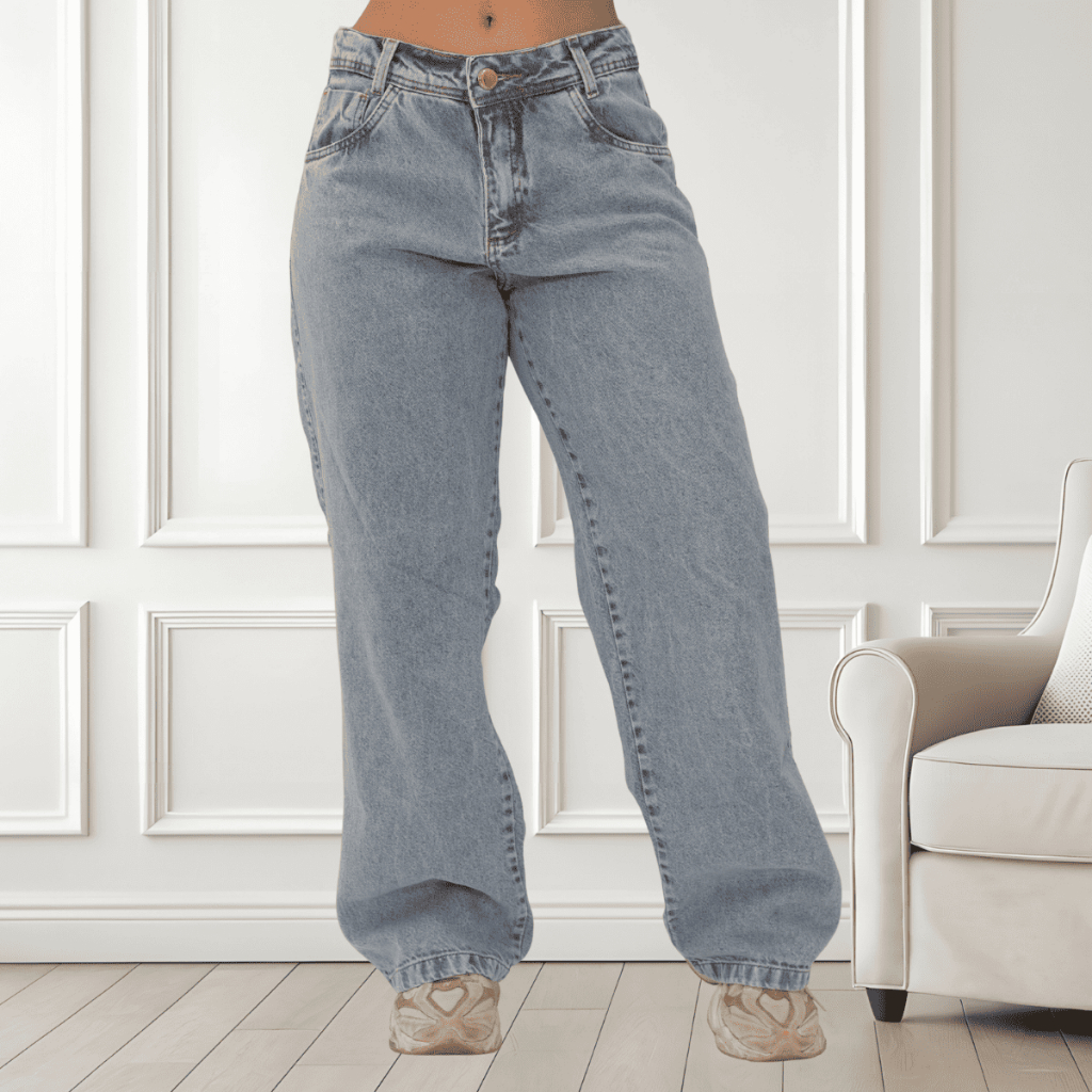 Calça Wide Leg Feminina jeans Cintura Alta Pantalona Marmorizada 100% Aldodão com 4 Bolsos Funcionais. em Oferta na Shopee