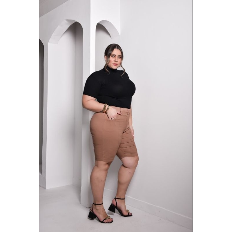 BERMUDA SÓCIAL PLUS SEZI TECIDO BENGALINE CANELADO em Oferta na Shopee