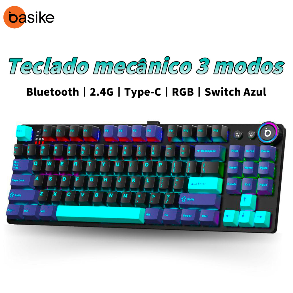 Basike Teclado Mecânico Gamer 3 Modos 2.4GHz sem fio Bluetooth RGB Switch Azul 87 Teclas com Luz Retroiluminada em Oferta na Shopee