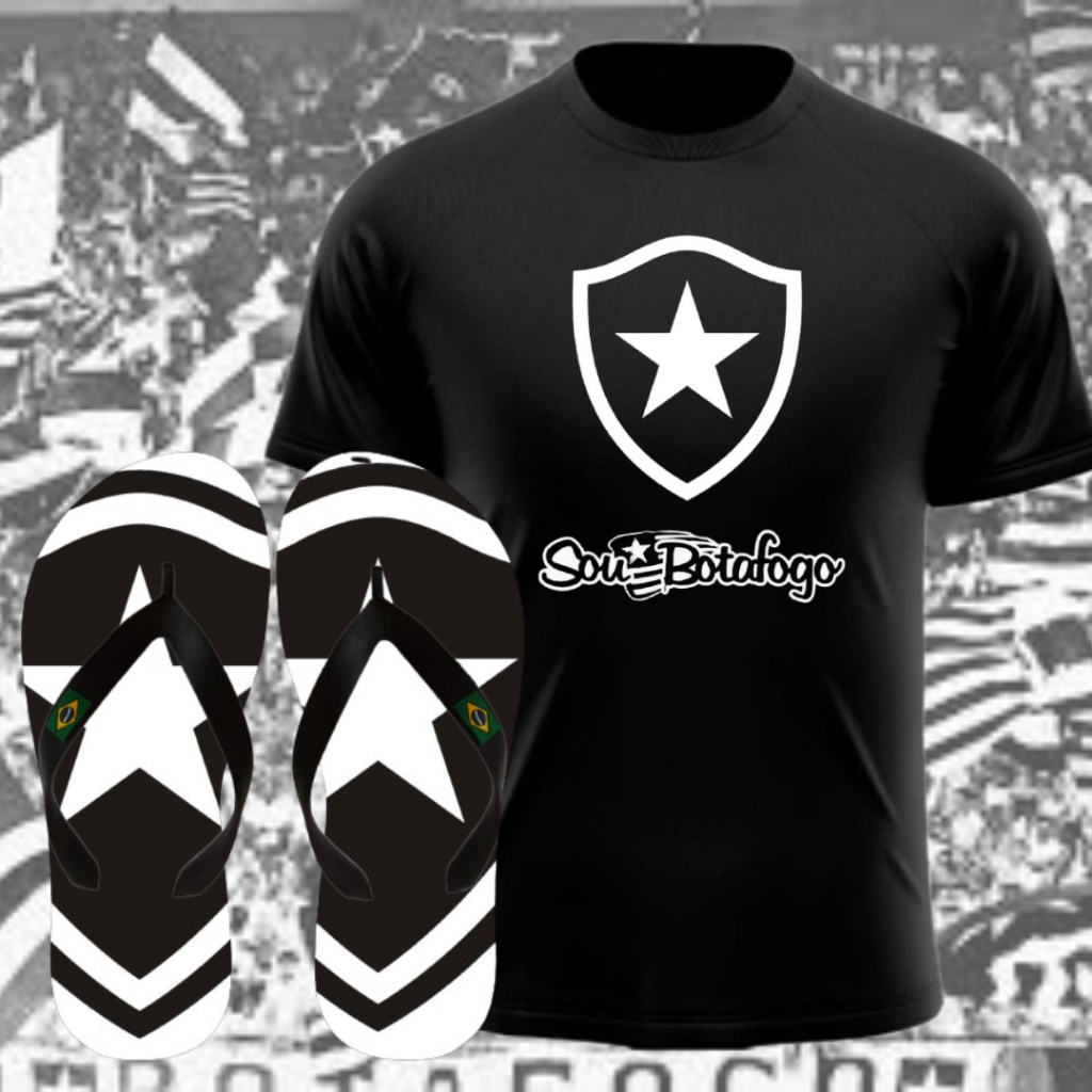 Camiseta + Chinela BOTAFOGO FUTEBOL, Mas/Fem, Estampada, Algodão, Reforçada, Modelo Exclusivo, Chinela de Borracha
