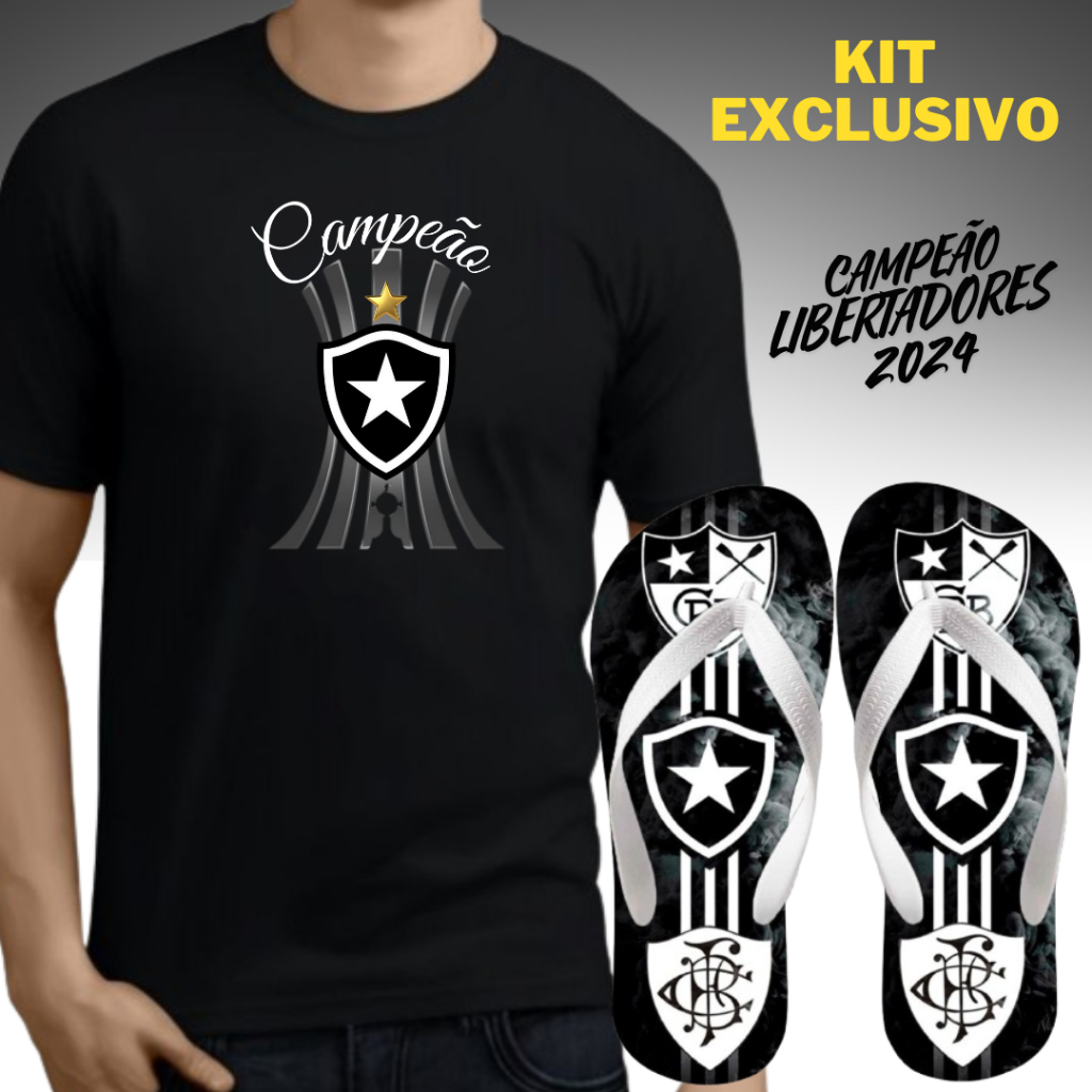 Camiseta + Chinela BOTAFOGO LIBERTADORES FUTEBOL, Mas/Fem, Algodão, Reforçada, Modelo Exclusivo, Chinela de Borracha