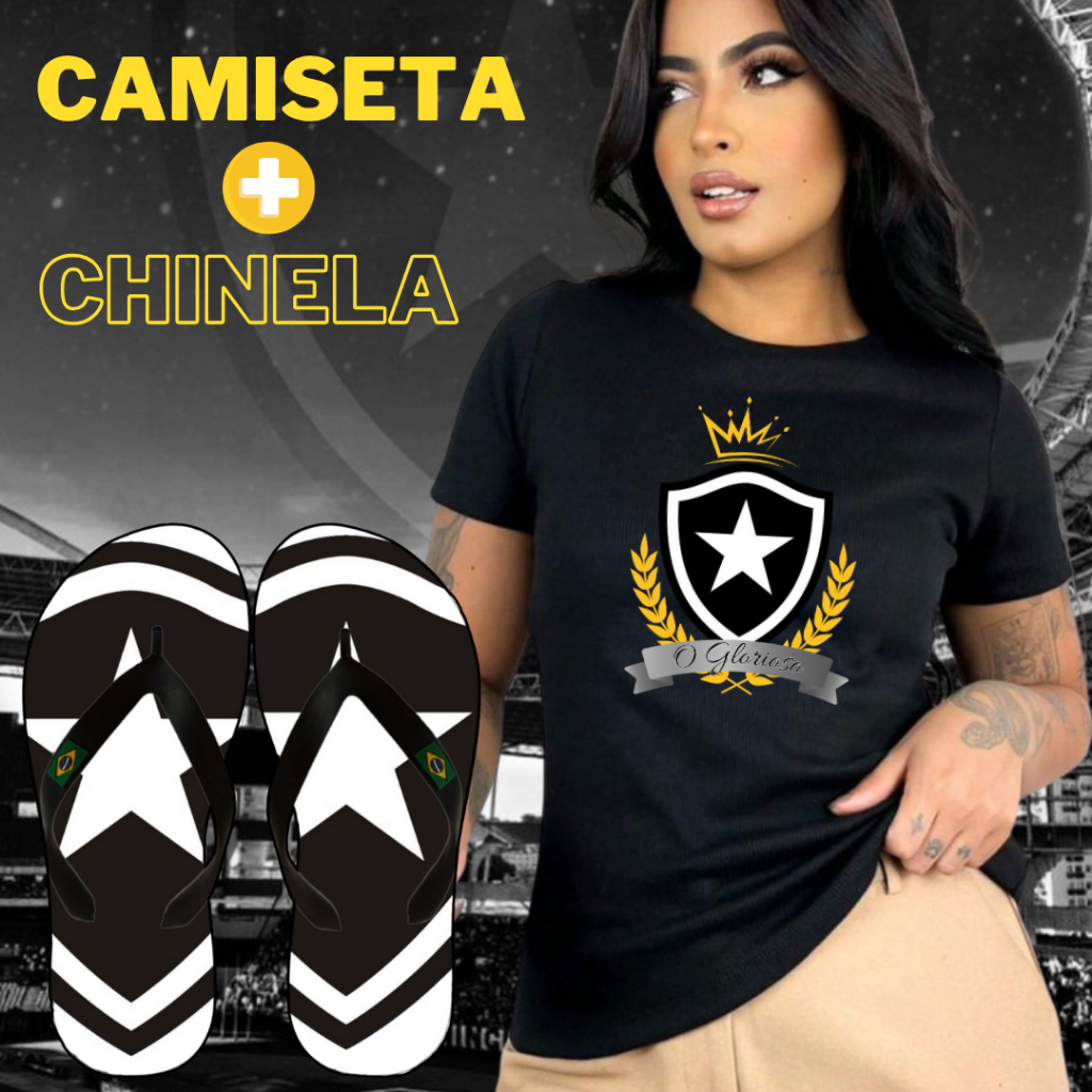 Camiseta + Chinela BOTAFOGO O GLORIOSO RJ, Mas/Fem, Estampada, Algodão, Reforçada, Modelo Exclusivo, Chinela de Borracha