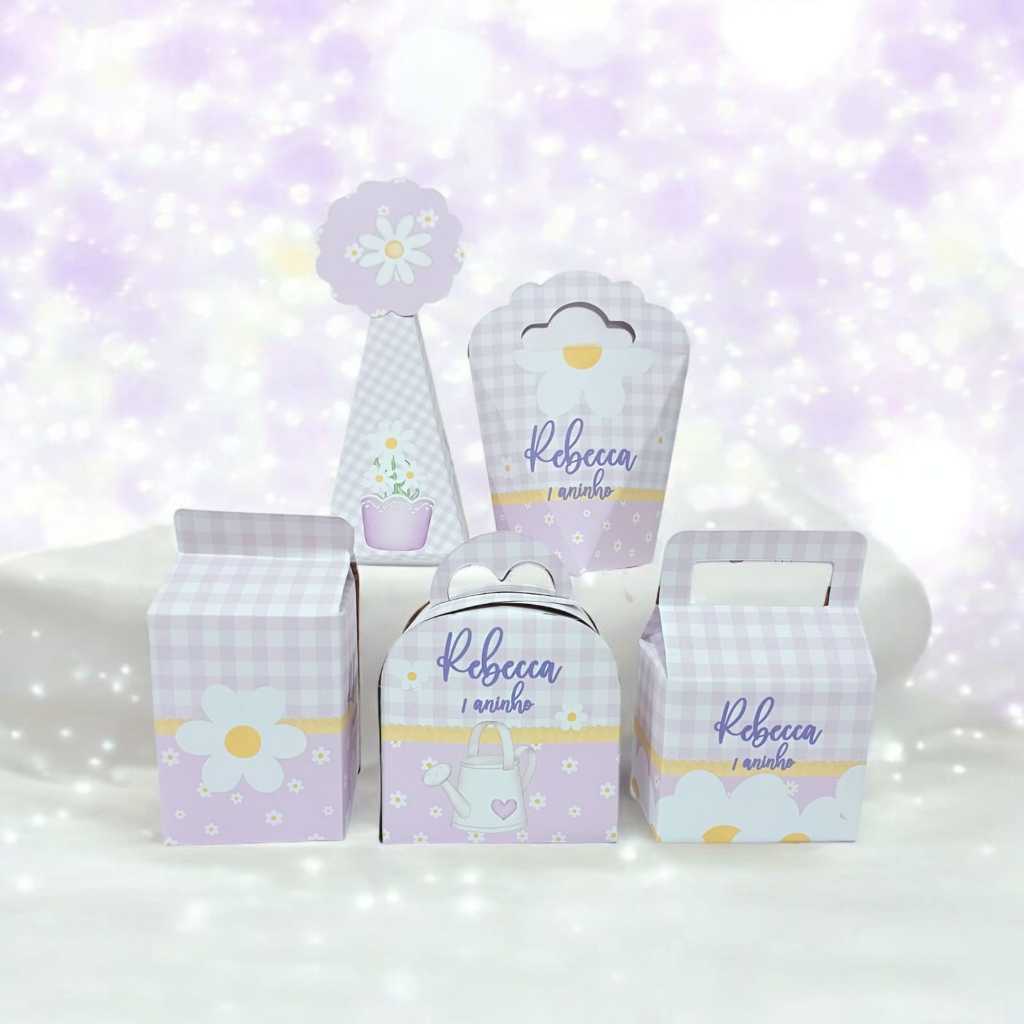Kit Caixinhas Personalizadas Margarida Lilás Festa Aniversário Lembrancinhas