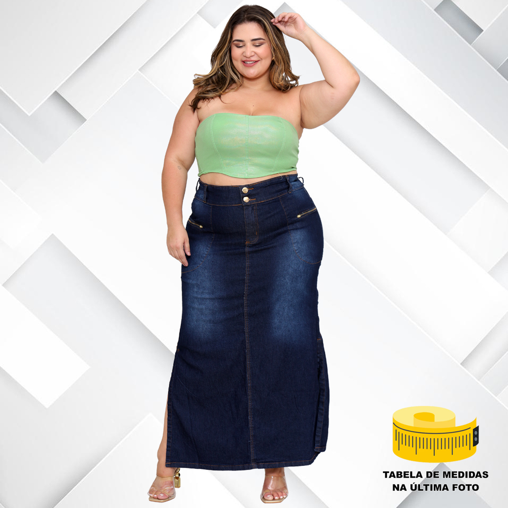 Saia Longa Jeans Plus Size com Elastano e Abertura Lateral - EWF - Moda Evangélica em Oferta na Shopee