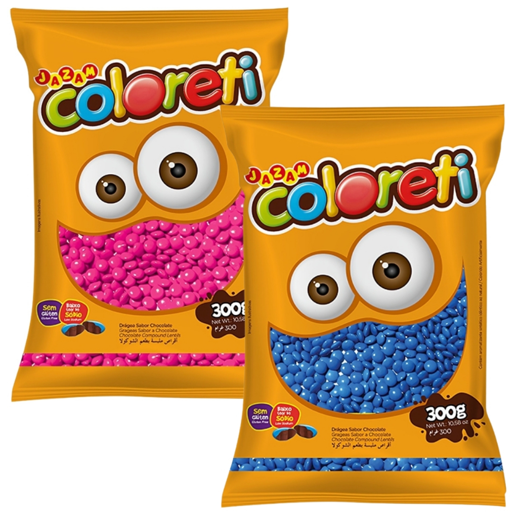 Kit 2x Pacotes Confeitos Coloreti Rosa e Azul 300g Cada Jazam | Festa | Chocolates Doces