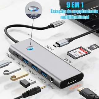 HUB e 9 em 1 Type C Usb 3.0 4K HDMI  Adaptador porta divisor PD 100W  PD TF/SD para laptop Mac/pc