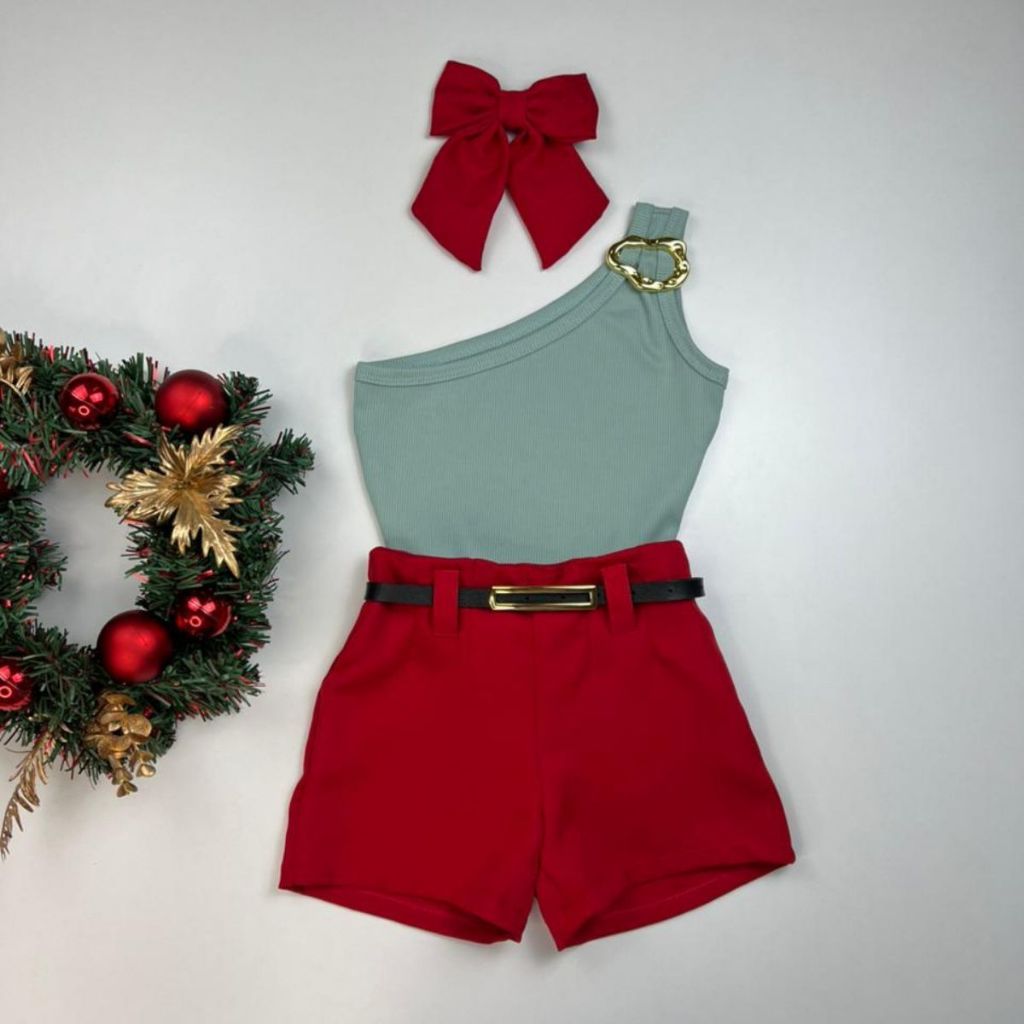 Roupa Infantil Mini Diva Festas Verão Blusa Fivela E Short Com Cinto Alfaiataria Look Moderno Juvenil