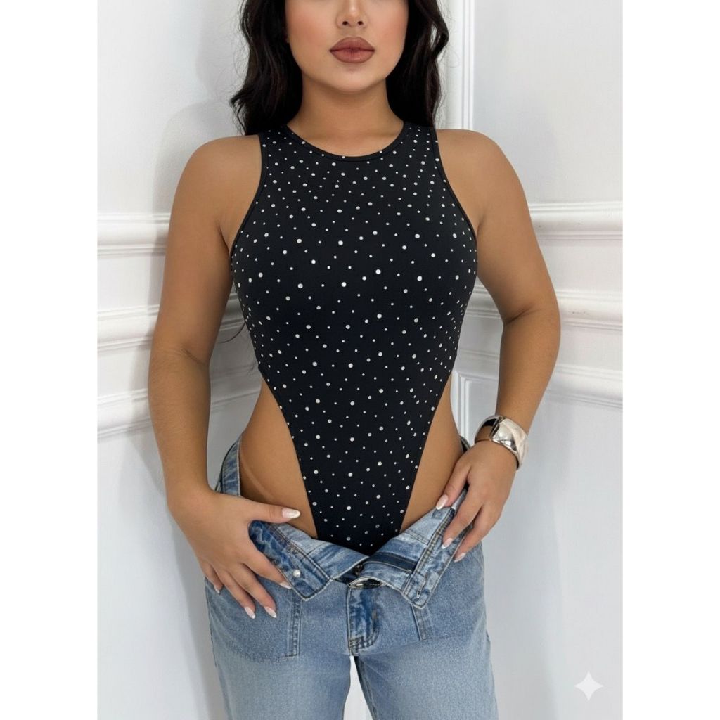 Body Feminino Brilhante Asa Delta Cavado Blogueira Festa Balada Brilho Luxo (Sem Bojo)