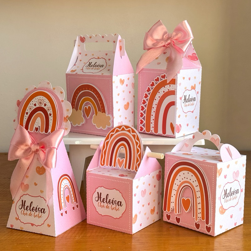 Caixinha Lembrancinha Tema Arco-Íris Rosa | Pegue e Monte Personalizado | Chá de Bebê, Aniversário ou Batizado