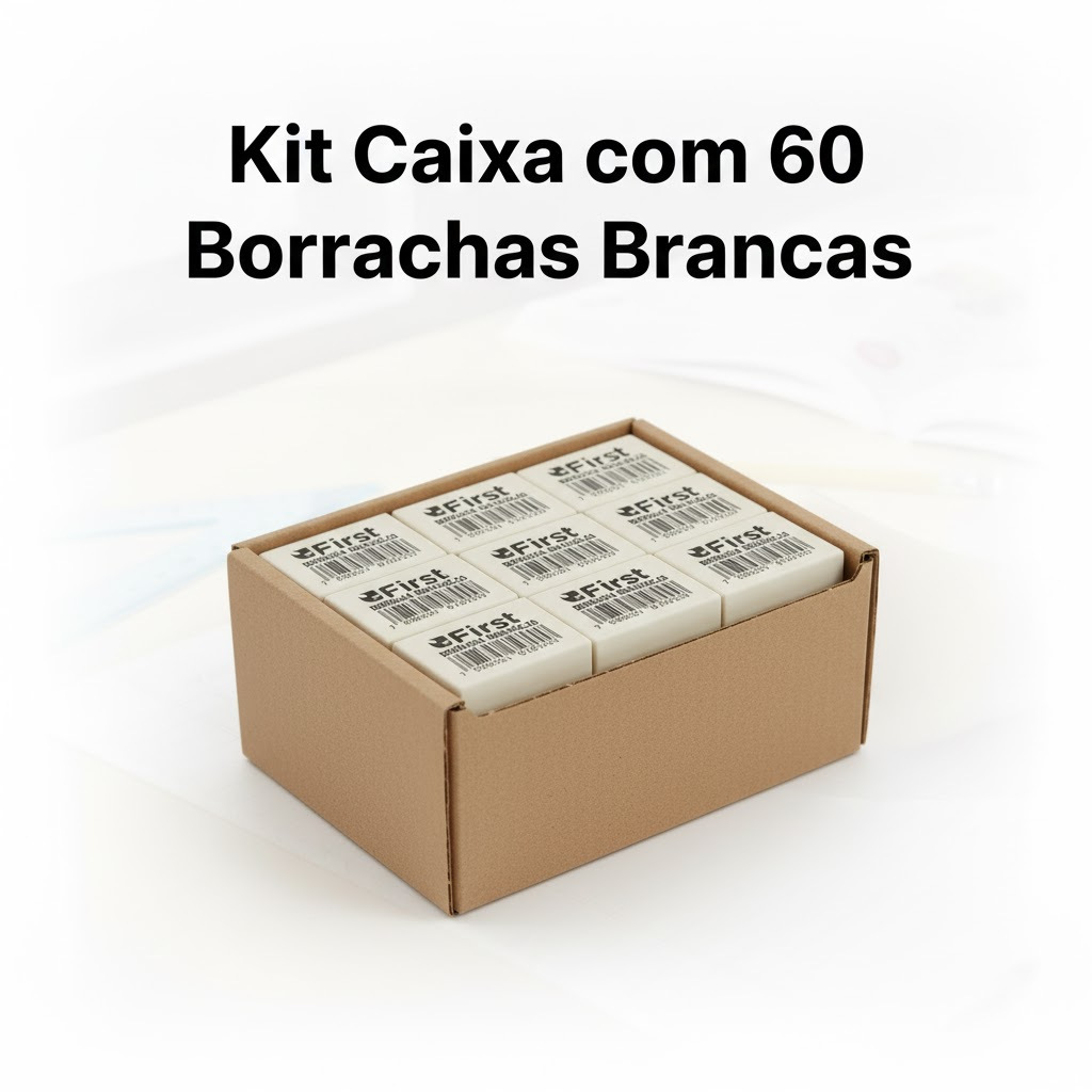 Borracha Branca First – Kit Caixa com 60 Unidades Escolar Escritório Atacado