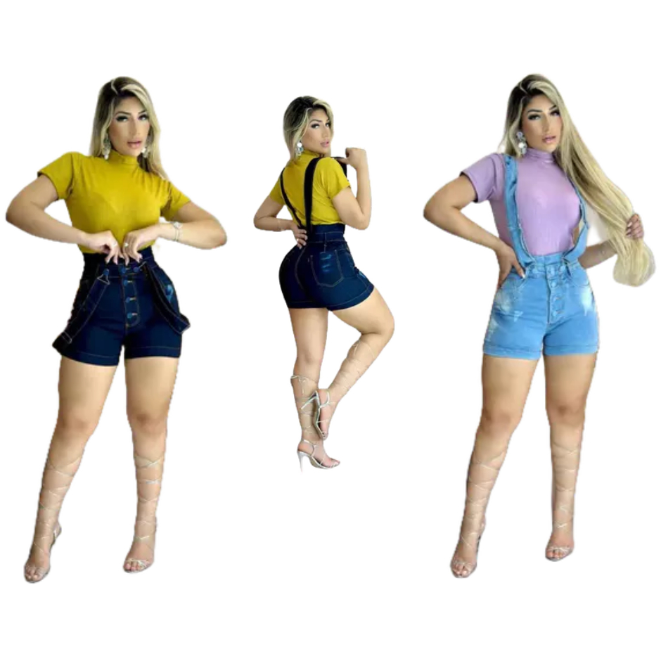 Kit 2 Salopetes Jeans Femininas Clara e Escura, MODA JEANS