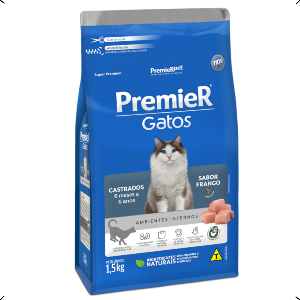 RAÇÃO PREMIER AMBIENTES INTERNOS GATO CASTRADO FRANGO 7,5KG