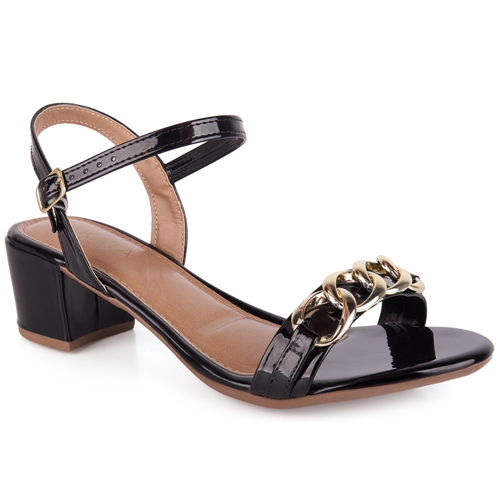 Sandália Feminina Salto Grosso Baixo Bloco Com Corrente Metal Dourada Moda Blogueira