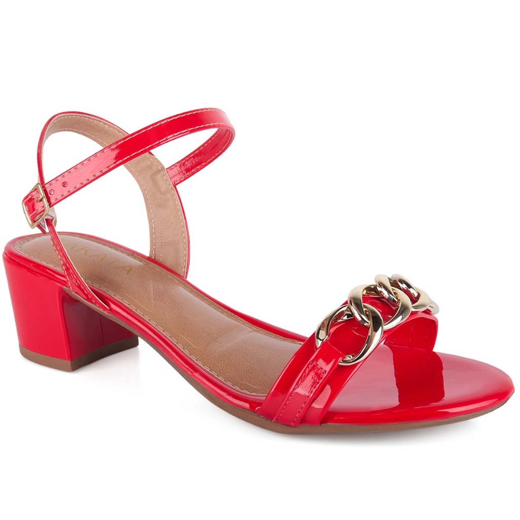 Sandália Feminina Casual Salto Bloco Baixo Grosso Com Corrente Metal Dourada Moda Blogueira