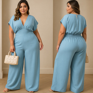Macacão Longo Plus Size Elegante  Moda Casual para Mulheres Estilosas Tecido Leve Confortável e Caimento Perfeito em Oferta na Shopee
