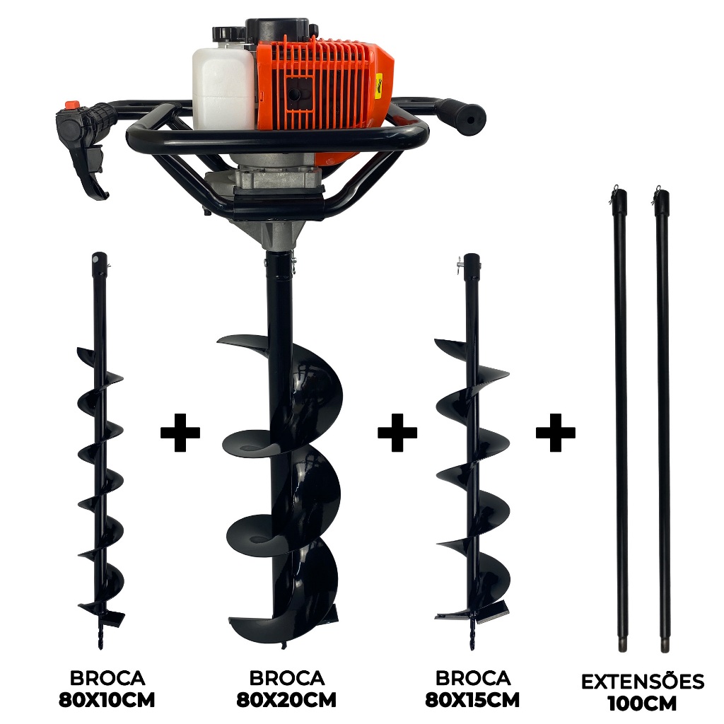 Perfurador de Solo a Gasolina 52cc 2,5HP com Brocas 80x10cm + 80x15cm + 80x20cm + 2x Extensores 100cm Carbon Fak