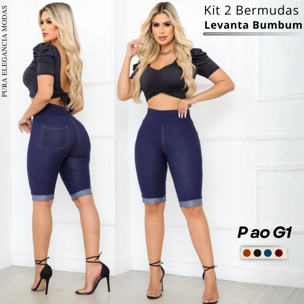 Kit Bermuda Feminina Modeladora Levanta Bumbum Malha Jeans/Cotton Cintura Alta em Oferta na Shopee