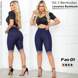 Kit Bermuda Feminina Modeladora Levanta Bumbum Malha Jeans/Cotton Cintura Alta em Oferta na Shopee