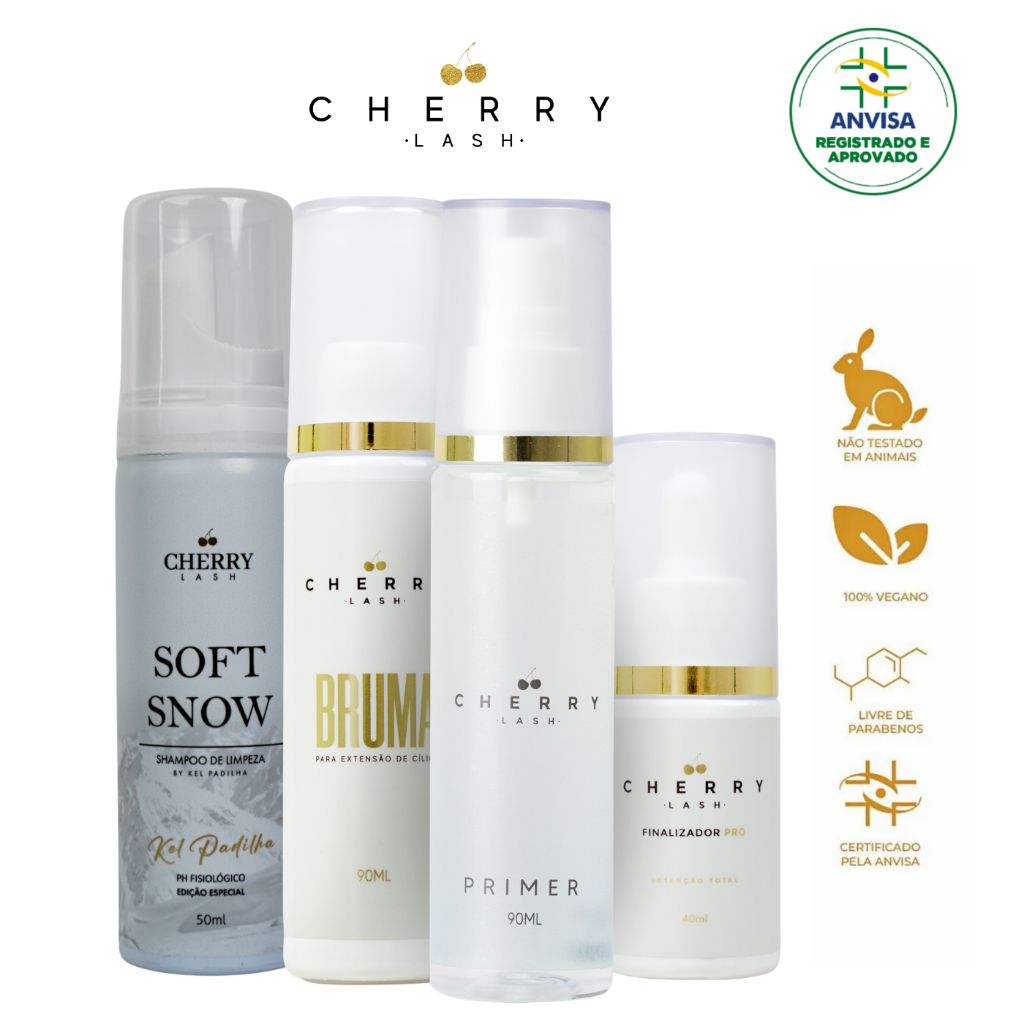 Kit Profissional Retenção Cherry Lash –Soft Snow + Bruma + Primer + Finalizador | Extensão de Cílios em Oferta na Shopee