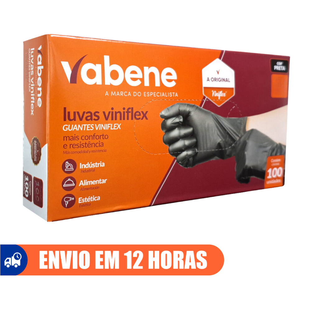 Luva Descartável Preta Sem Pó TPE Vinil Viniflex 100un Vabene