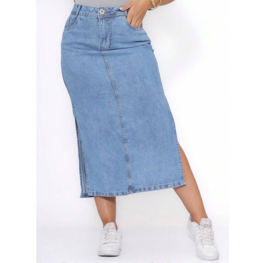 Saia Mid Jeans C/ Fenda Frontal e Lateral Moda Verão em Oferta na Shopee