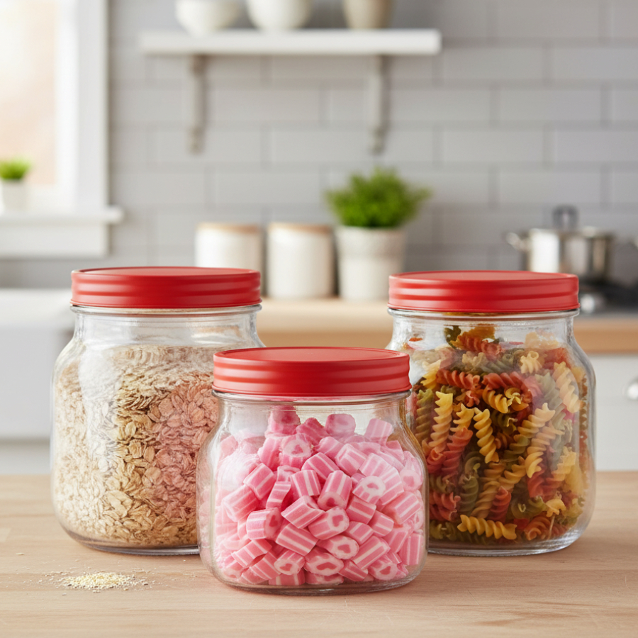 Pote de Vidro Quadrado  P Tampa de Plástico Vermelho 3 Peças - Ruvolo em Oferta na Shopee