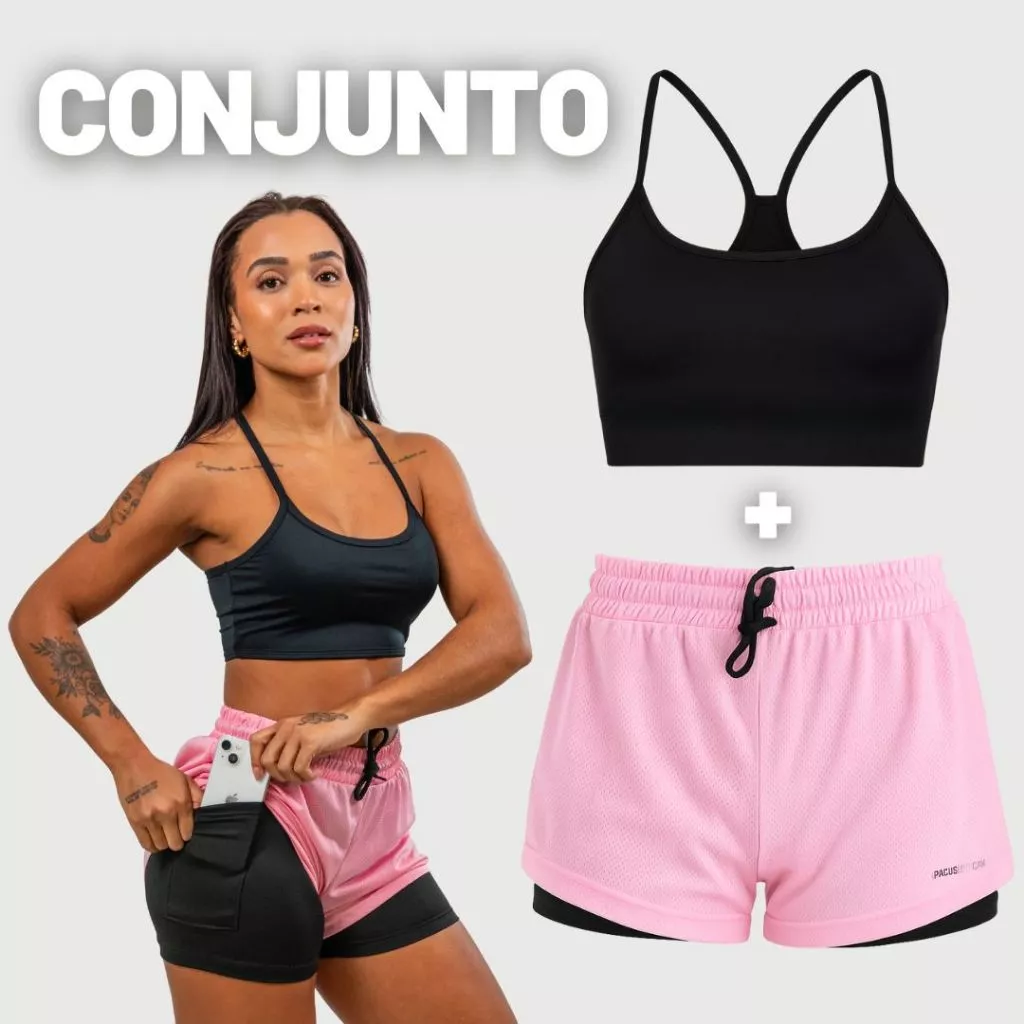 Conjunto Feminino Academia Shorts 2em1+TOP PRETO Fitness Para Corridas Treinos