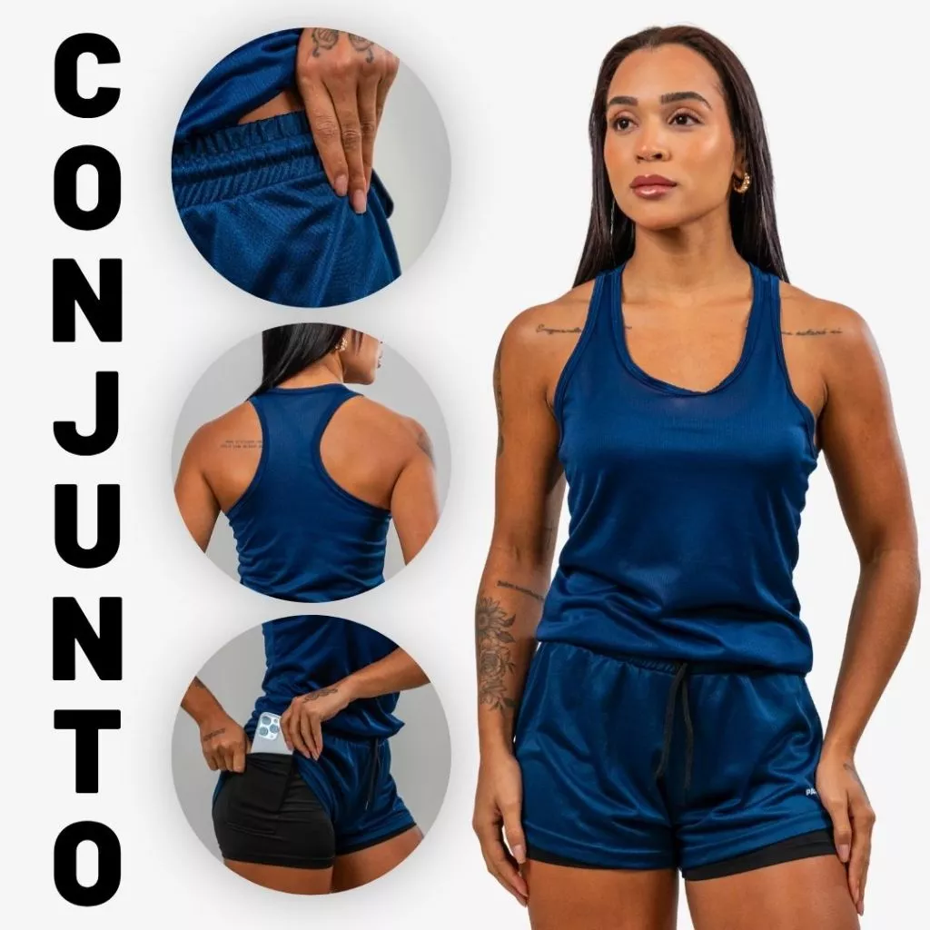 Conjunto Feminino Regata Nadador + Short 2em1 Bermuda compressão Bolso Oculto Celular — imagem 1