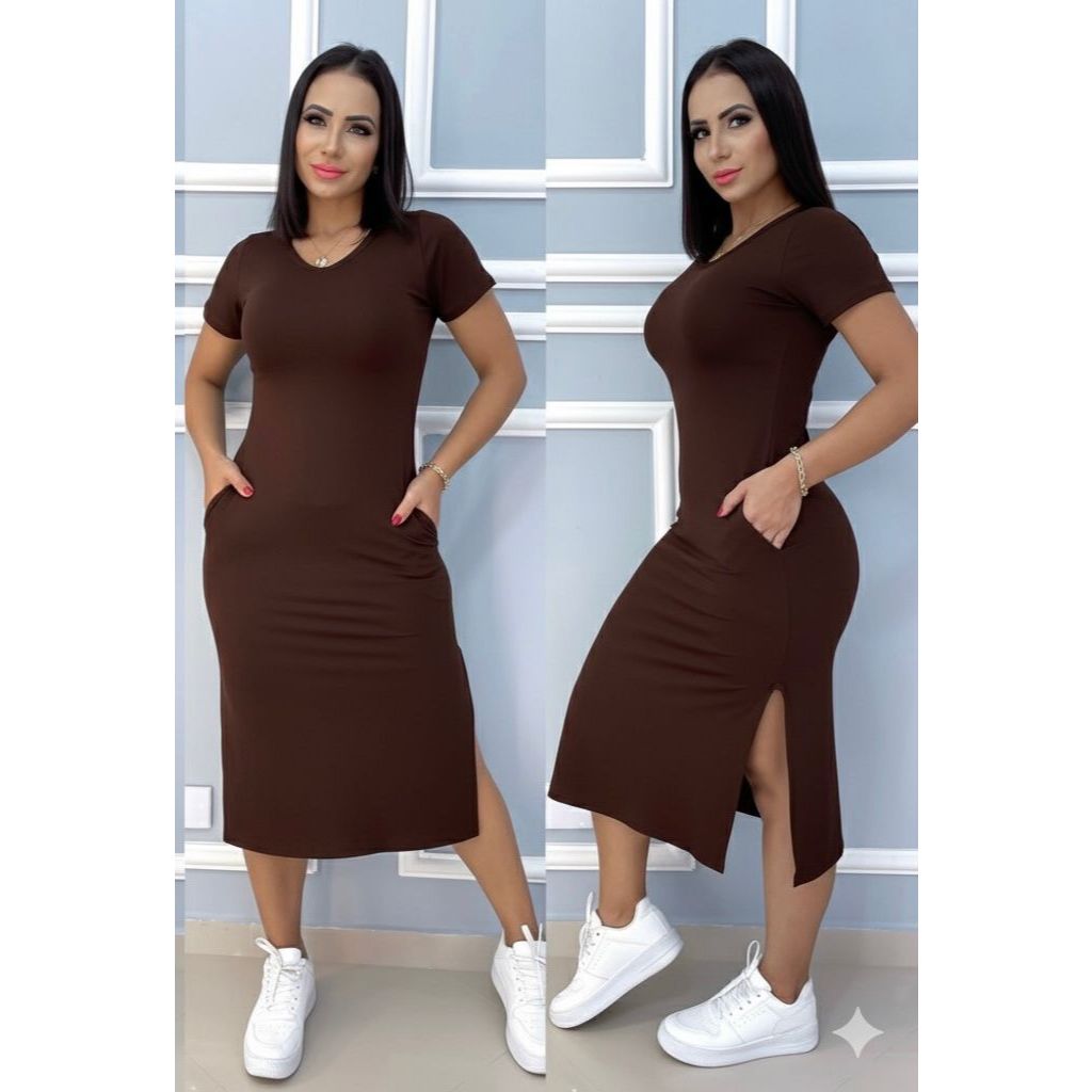 vestido de bolso com fenda lateral, tamanho único G veste do 40 ao 44,  tecido visco lycra em Oferta na Shopee