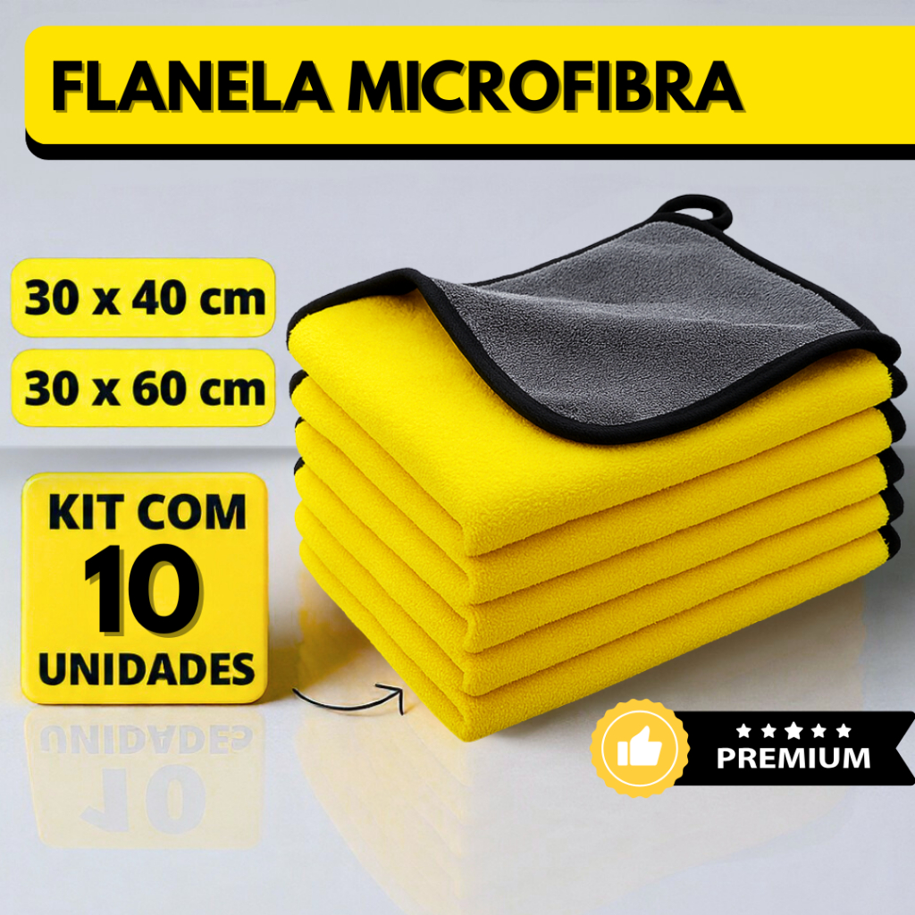 Kit 10 Flanela Microfibra Automotiva 30x40 30x60 600GSM Premium Para Lavagem de Carro Kit 10 Flanela Microfibra Automotiva 30x40 30x60 600GSM Premium Para Lavagem de Carro