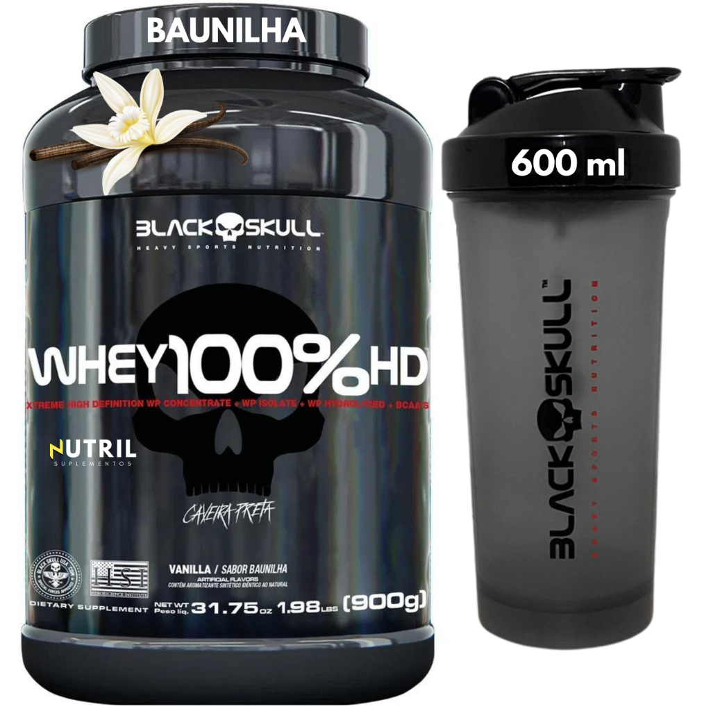 Whey Protein 100% HD Pure 900g Isolado - Hidrolisado - Concentrado Pote + Coqueteleira  - Kit Black Skull Ganho de Massa
