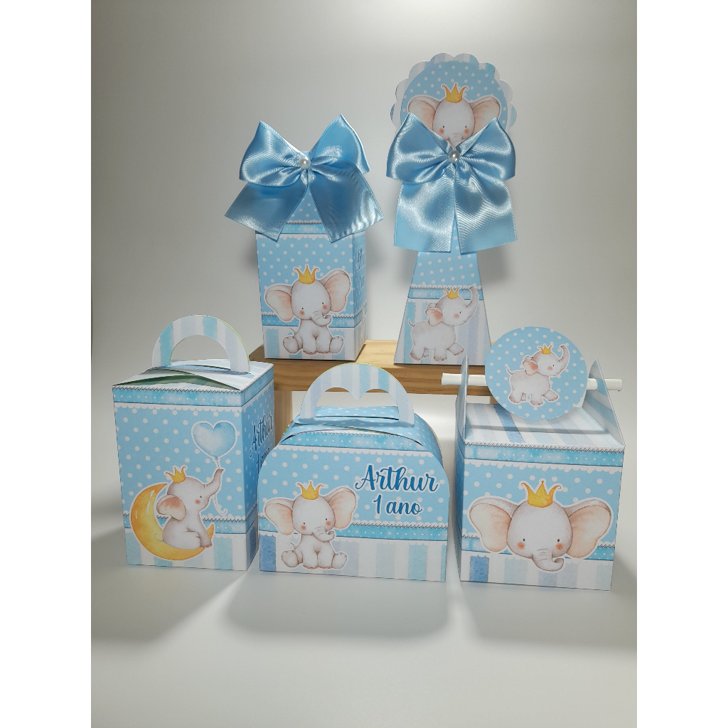 Kit PEGUE E MONTE TEMA ELEFANTINHO BABY com 15,20,30,40,50 CAIXINHAS PERSONALIZADAS LEMBRANCINHAS