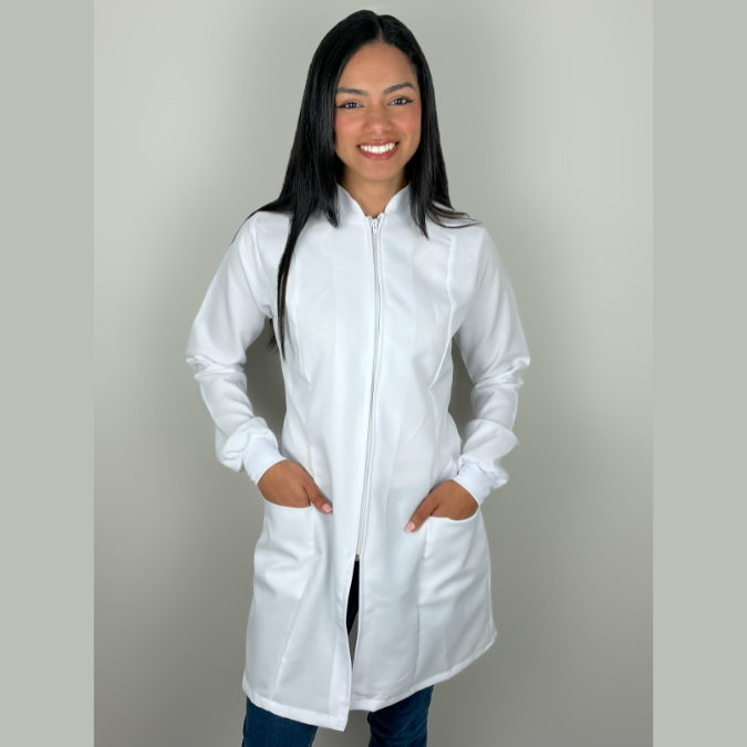 Jaleco Branco Feminino Acinturado com Zíper e Punho – Oxford Premium