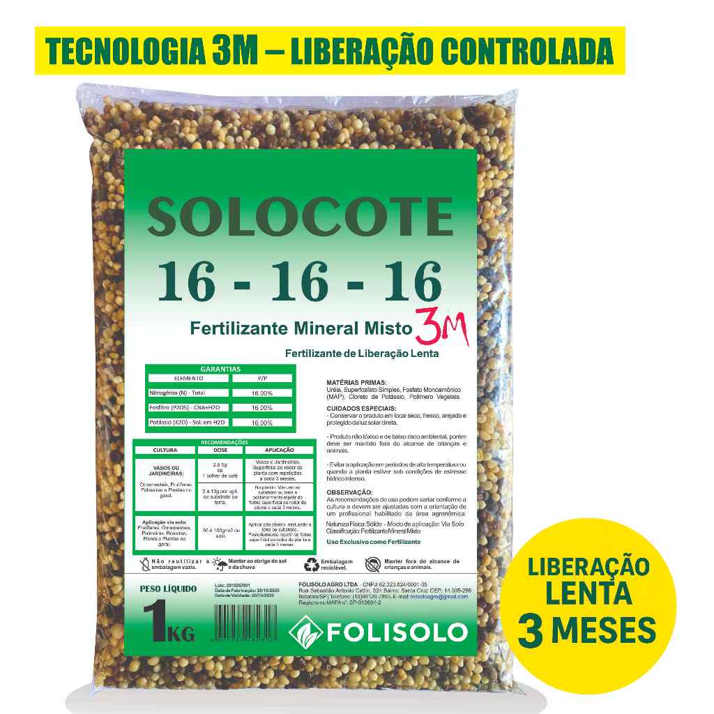 Adubo Liberação Lenta 1kg 16-16-16 3M Fertilizante NPK para Plantas, Jardins, vasos Orquídeas Rosa do deserto suculentas