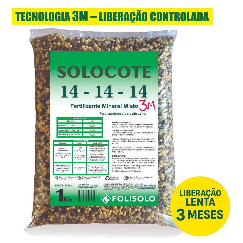 Adubo Liberação Lenta 1kg 14-14-14 3M Fertilizante NPK para Plantas, Jardins, vasos Orquídeas Rosa do deserto suculentas