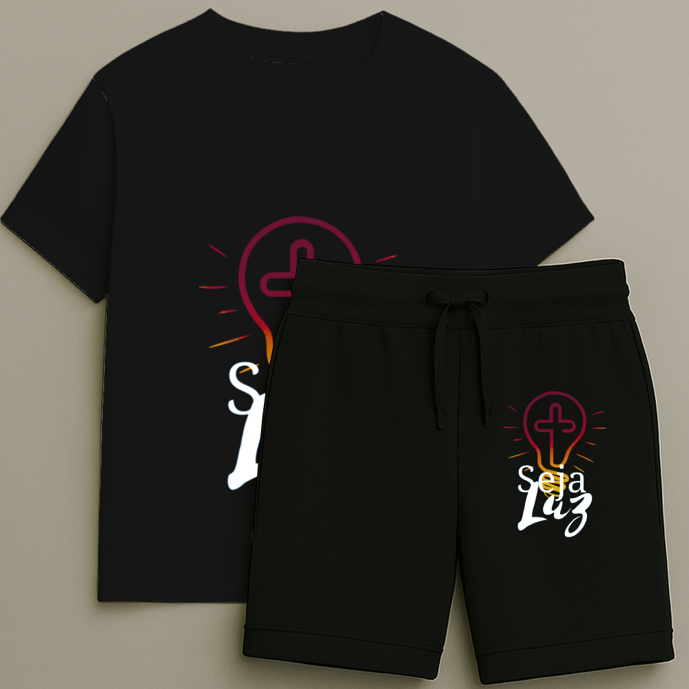 Camiseta e Bermuda Infantil Masculina Estampa Seja Luz Premium Alta Qualidade Do Tamanho 2 ao 16