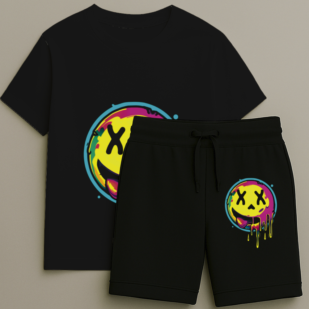 Camiseta e Bermuda Infantil Masculina Estampa Sorriso Amarelo Premium Alta Qualidade Tamanho 2 ao 16