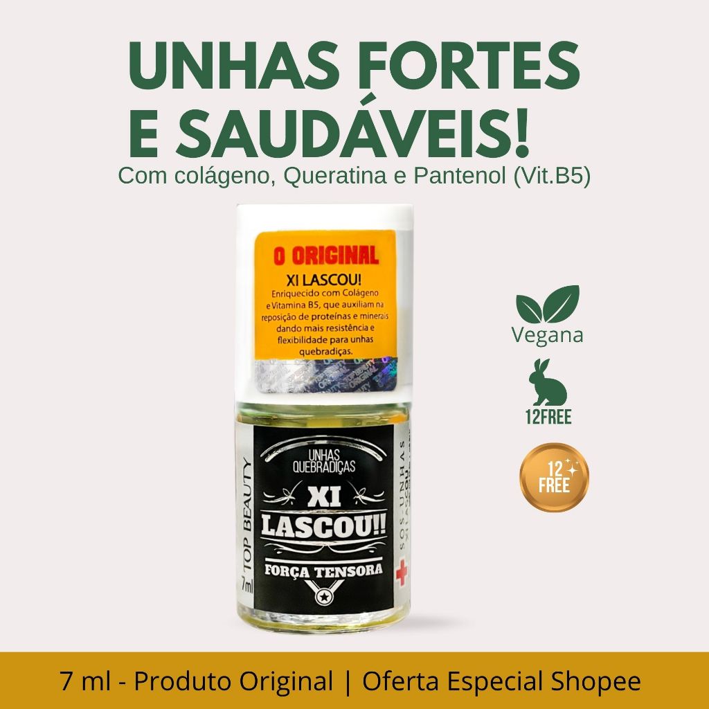 Base Fortalecedora XI Lascou 7ml – Colágeno, Queratina e Pantenol Vegana, 12FREE, Unhas Saudáveis
