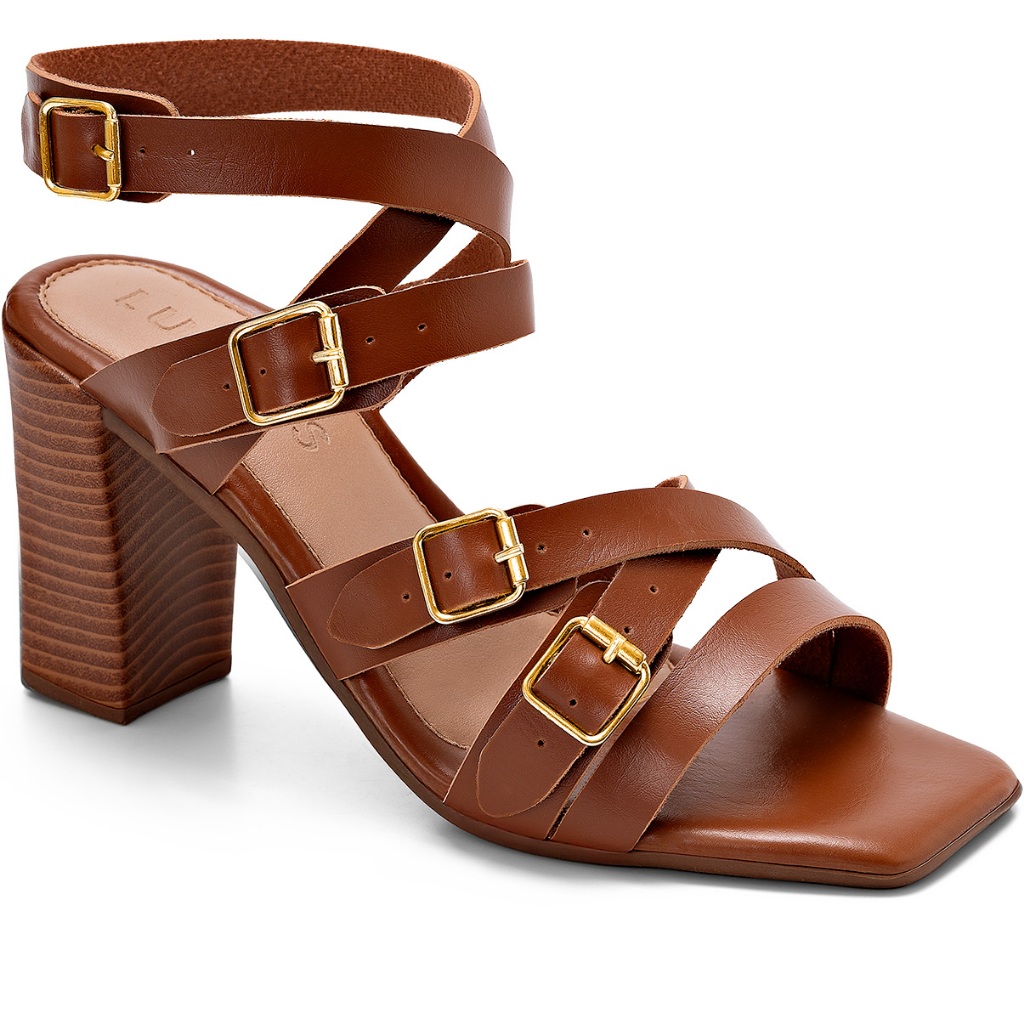Sandália Feminina Lumiss Salto Alto Bloco Confortável Bico Quadrado Fivelas Douradas em Oferta na Shopee