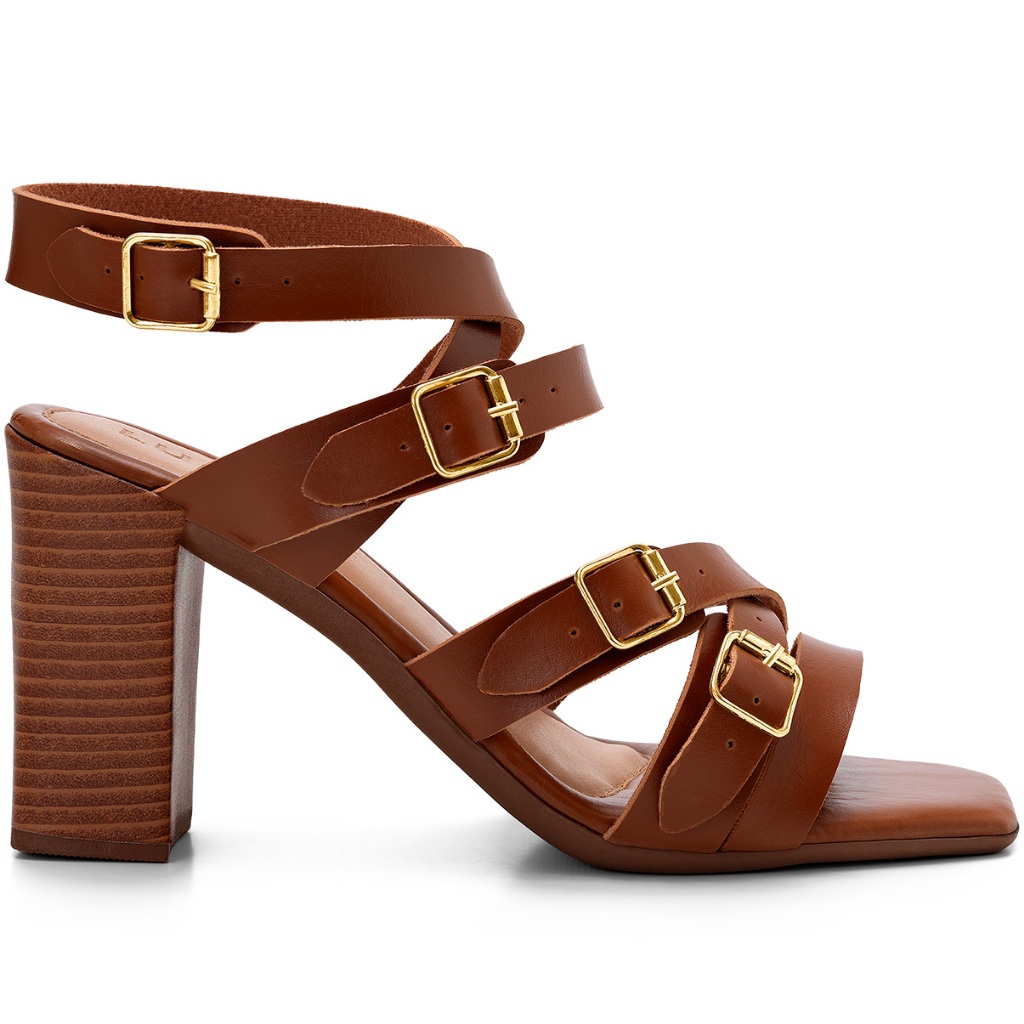Detalhes do Sandália Feminina Lumiss Salto Alto Bloco Bico Quadrado Fivelas Douradas Caramelo