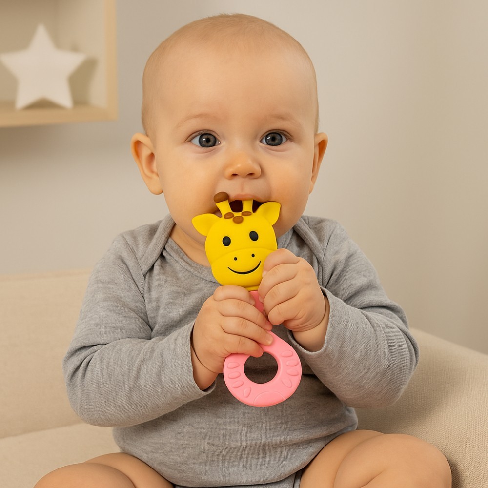 Mordedor Chocalho Bebê Girafa Rosa Textoy Em Latex +4M