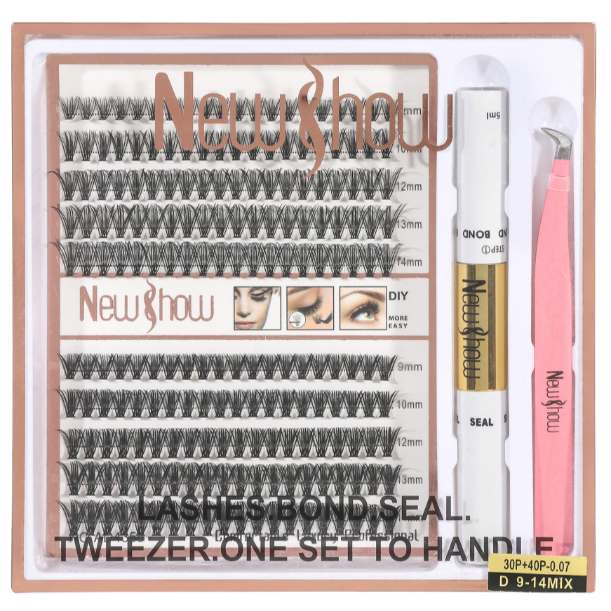 New Show Cílios 12P+20P/20P+30P/30P+40P Tufos Sem Nó Mix 9-14mm MIX + 1 Principal Pinça + 1  Cola